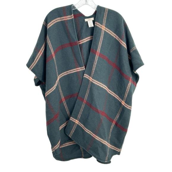 Ann Taylor LOFT Plaid Shawl Wrap Womens One Size P Open Sweater Green Plaid - Picture 8 of 8